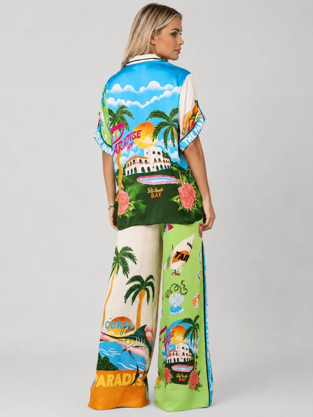 Women’s Tropical Print 2 Piece Set Wide Leg Pants Vacation Resort Outfit - Picture 3 of 5
